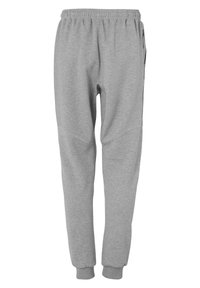 Grijze sweatpants met een elastische tailleband, taps toelopende broekspijpen, zijzakken, zachte stof en geribde boorden. Eenvoudig ontwerp zonder zichtbare patronen.
