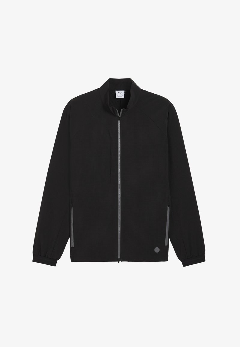Black jacket with a high collar, front zipper, and elastic cuffs. Features two side pockets and a logo detail on the sleeve.