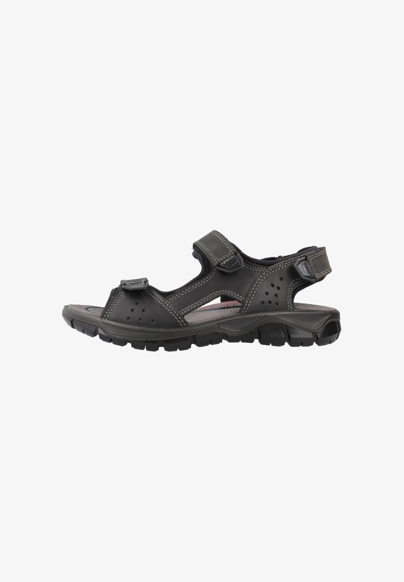 Sandal in materiale sintetico nero per esterni, dotato di cinturini in Velcro regolabili, dettagli perforati e suola in gomma testurizzata per una presa e un comfort ottimali.