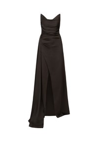 Schwarzes Satin-Abendkleid mit herzförmigem Ausschnitt, gerafftem Oberteil und einem hohen Schlitz bis zum Oberschenkel, wobei der Stoff auf einer Seite fließend herunterfällt.