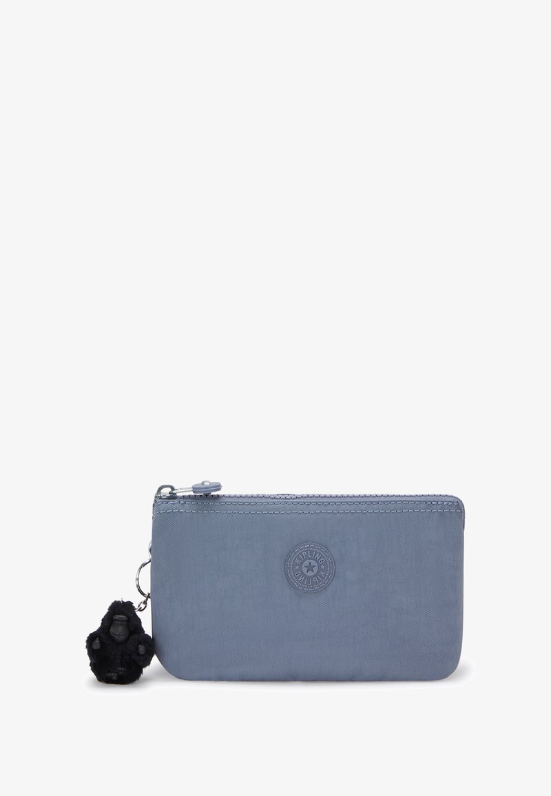 Light blue pouch made of durable fabric, featuring a zip closure, logo emblem, and a black gorilla keychain charm attached.