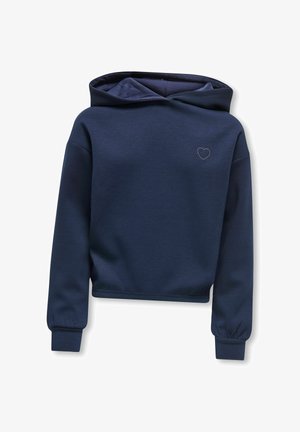 Navyblauwe cropped hoodie met lange mouwen, geribbelde manchetten en een klein geborduurd hartje op de linkerborst.