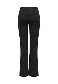 Zwarte rechte broek met twee achterzakken en een aansluitende tailleband, van achteren getoond op een witte achtergrond.