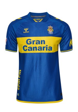 Blåt og gult Gran Canaria fodboldtrøje med holdets våbenskjold, Hummel-logo og en stor gul horisontal stribe over brystet med teksten "Gran Canaria".