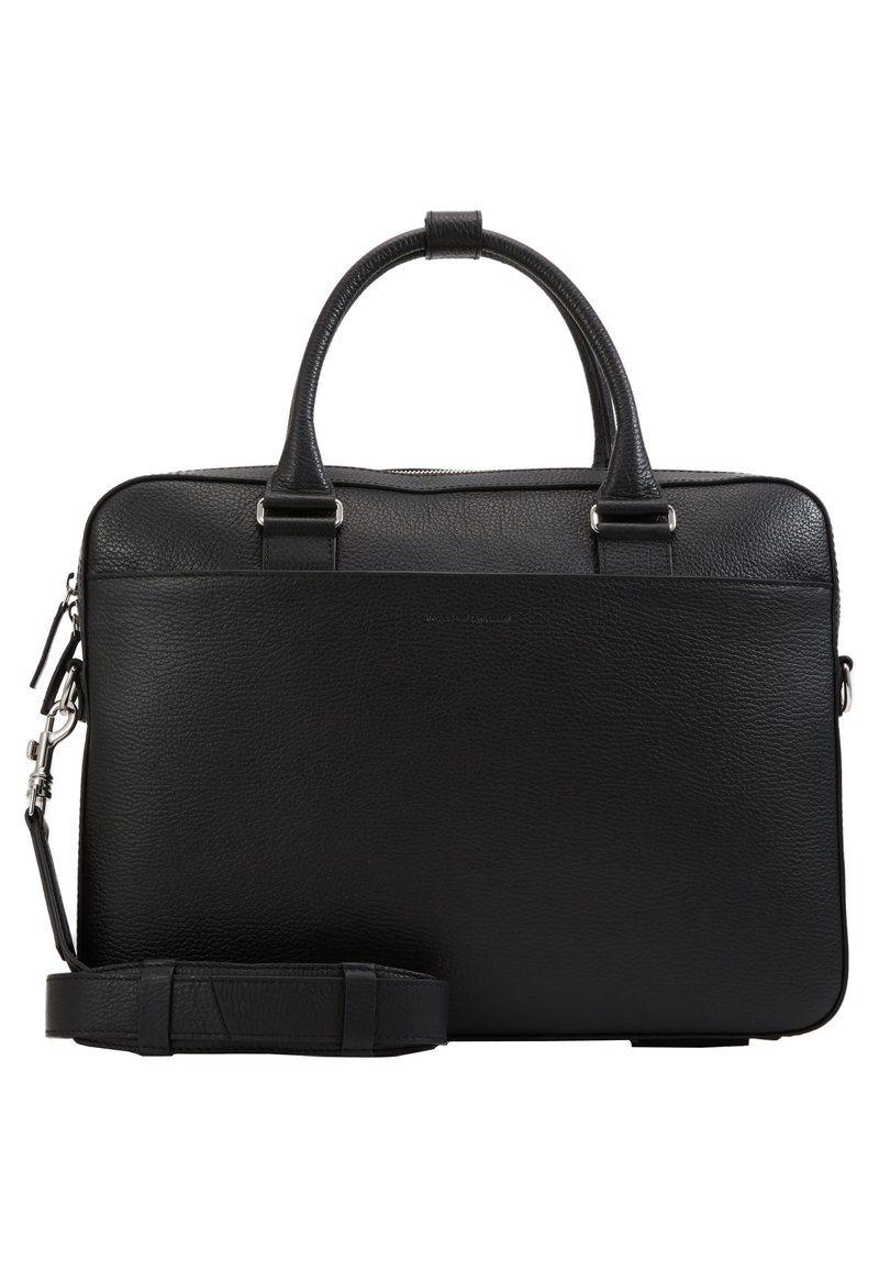 Black leather briefcase with a textured finish, dual top handles, adjustable strap, and silver hardware accents. Zipper closure along the top.