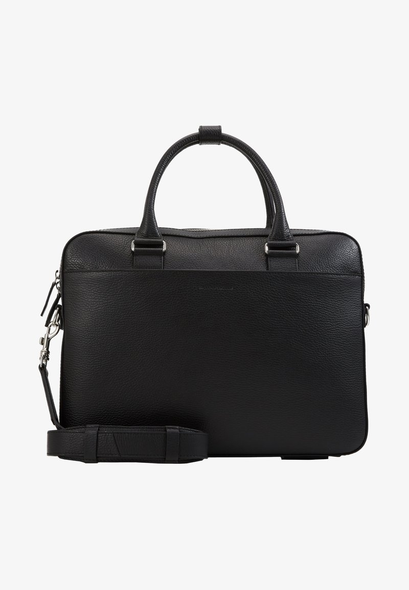 Black leather briefcase with a textured finish, dual top handles, adjustable strap, and silver hardware accents. Zipper closure along the top.