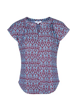 Korte mouwen top in een bloemenpatroon, met blauwe en bordeauxrode kleuren. Gemaakt van lichtgewicht stof met een ronde halslijn en lichte plooien.