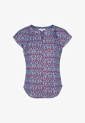 Korte mouwen top in een bloemenpatroon, met blauwe en bordeauxrode kleuren. Gemaakt van lichtgewicht stof met een ronde halslijn en lichte plooien.