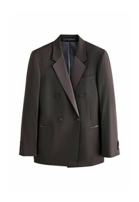 Blazer doppiopetto in tessuto marrone scuro con colletto a scialle in satin, spalle strutturate e due tasche frontali. Presenta pulsanti sui polsi a quattro bottoni.