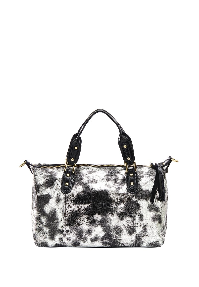 Borsa bianca e nera con un motivo testurizzato a macchie, dettagli in pelle, doppi manici superiori e accessori e zip in oro a contrasto.