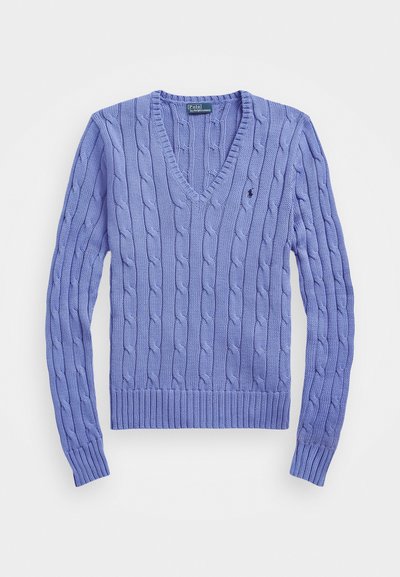 V-neck cable-knit sweater in light lavender, featuring ribbed cuffs and hem, with a small brand emblem on the chest. Textured knit pattern.