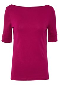 Lyhythihainen fuksia paita, jossa on leveä veneenkaula-aukko, valmistettu sileästä puuvillakankaasta. Ominaisuuksiin kuuluu käänteiset hihansuut. Yksinkertainen, virtaviivainen muotoilu.