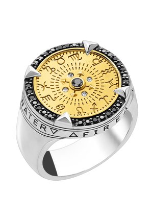 Silberner Ring mit einem goldenen Tierkreisrad, schwarzem Edelstein in der Mitte, vier silbernen Pfeilmarkierungen und eingravierten Elementen mit der Beschriftung WASSER und FEUER auf dem Band.