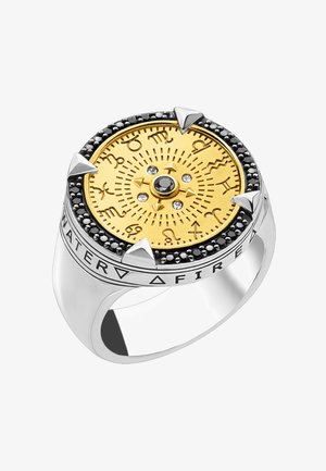 Silberner Ring mit einem goldenen Tierkreisrad, schwarzem Edelstein in der Mitte, vier silbernen Pfeilmarkierungen und eingravierten Elementen mit der Beschriftung WASSER und FEUER auf dem Band.