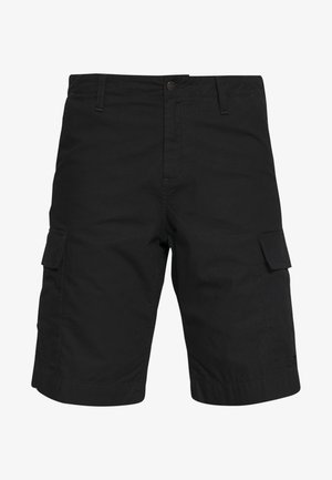Shorts cargo noirs en tissu tissé, dotés de deux poches latérales, d'une fermeture à bouton et d'une coupe droite descendant jusqu'au genou.