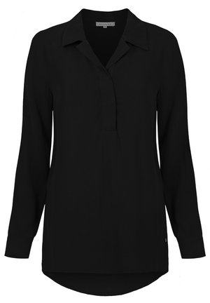 Czarna bluzka z długim rękawem, kołnierzykiem, krytym przodem i zaokrąglonym dołem, zaprojektowana na luźny krój.