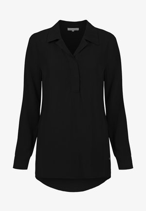 Sort langærmet bluse med krave, skjult frontknaplukning og buet kant, designet til en afslappet pasform.