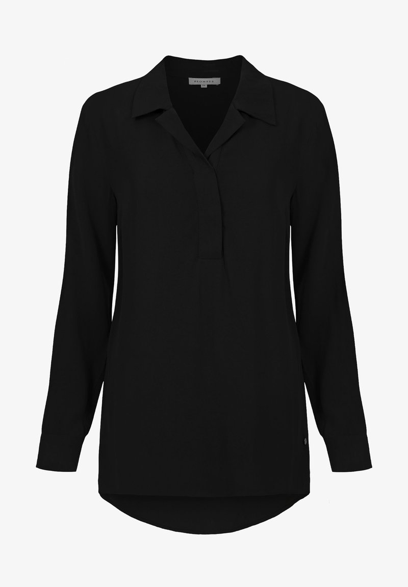 Blouse noire à manches longues avec col, patte de boutonnage cachée à l'avant et ourlet arrondi, conçue pour une coupe décontractée.