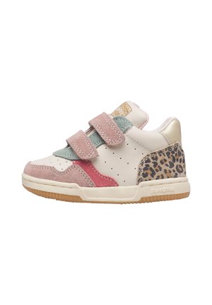 Children's sneaker with pink and green straps, white base, leopard print heel, and beige sole with textured bottom.