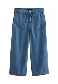 Denim culottes vaaleansinisenä, jossa on kiristysnyöri vyötäröllä, etupussit ja väljä istuvuus, sekä sileä pinta ja saumat viimeistelty.