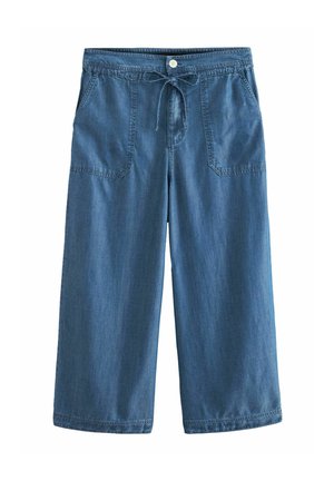 Denim culottes i medium blå med elastisk talje, frontlomme og en løs pasform, der har en glat tekstur og opdelte kanter.