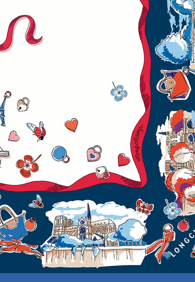 Scarf with red border, blue background, illustrations of Paris landmarks, flowers, hearts, locks, ladybugs, butterflies, and handbags.