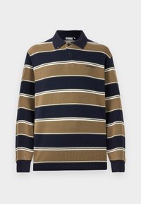 Poloshirt met lange mouwen in marineblauw, beige en witte verticale strepen; beschikt over een kraag, drie knopen aan de voorkant en een geborduurd logo op de borst.