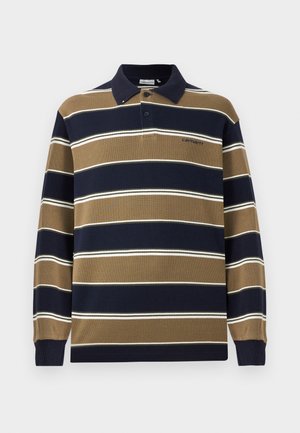 Long-sleeve polo with navy, tan, and white vertical stripes; features a collar, three-button placket, and embroidered logo on the chest.