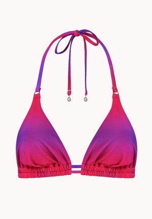 Top bikini a triangolo con sfumatura dal rosa al viola, con laccetti da annodare al collo e un elastico arricciato sotto il seno.