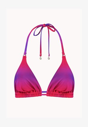 Gradient rosafarbenes bis lilafarbenes Dreieck-Bikini-Oberteil mit Neckholder-Bändern und gerafftem, elastischem Band unter der Brust.