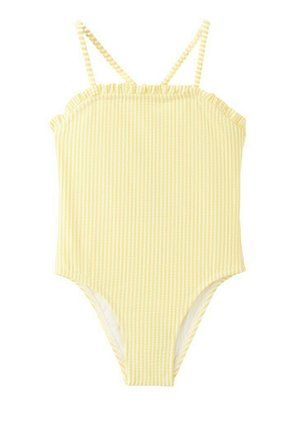 Žlto-biele pruhované jednodielne plavky s tenkými ramienkami a jemným volánikom pozdĺž výstrihu.