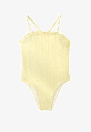 Gelb-weiß gestreifter Einteiler-Badeanzug mit dünnen Schulterträgern und dezentem Rüschensaum entlang des Ausschnitts.