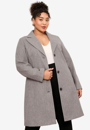 Grijze wollen mengstofjas met een insnijding aan de kraag, een enkele knoopsluiting en zijzakken; gepresenteerd op een model in een neutrale outfit.