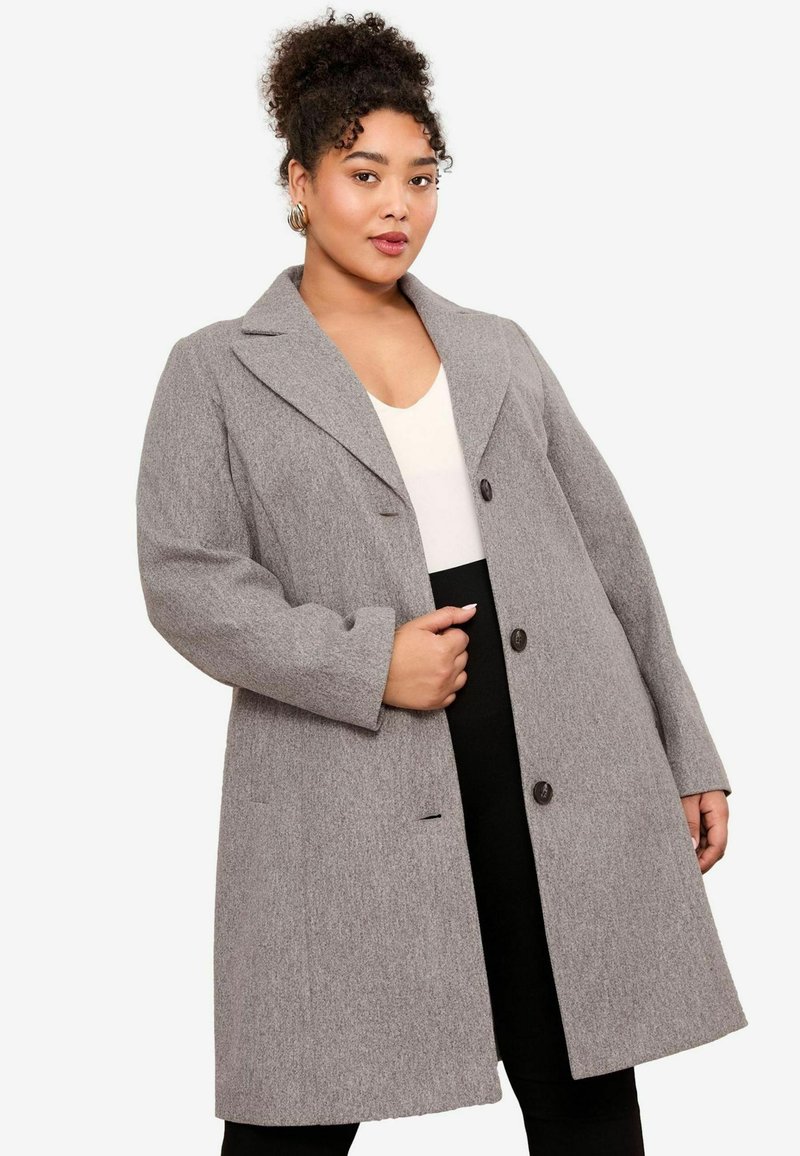 Manteau en laine grise avec un col cranté, fermeture à boutons simple et poches latérales ; présenté sur un modèle portant une tenue neutre.