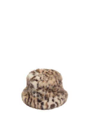 Gorro de cubo de piel sintética en beige con un estampado de leopardo. Textura suave, forma redondeada y ala ancha para mayor cobertura.