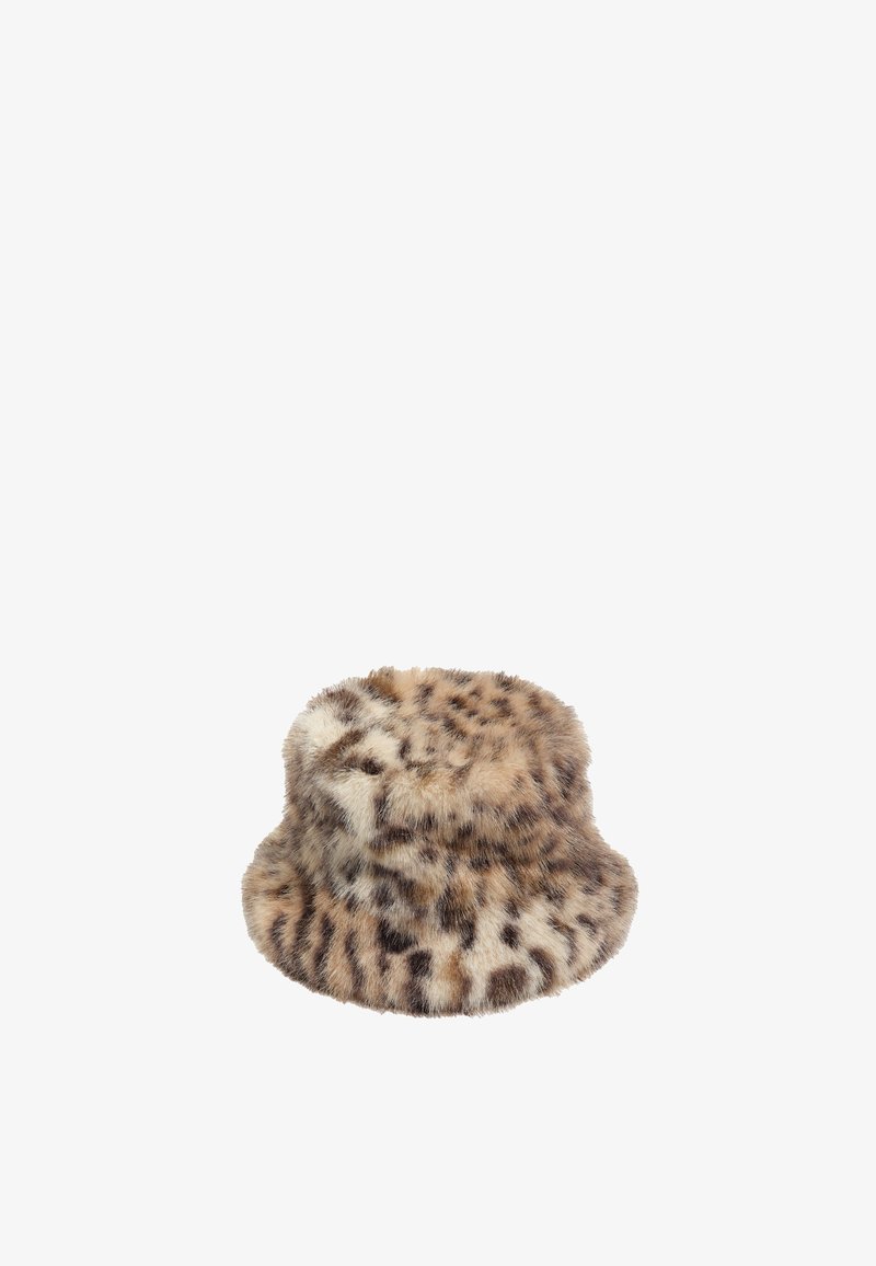 Gorro de cubo de piel sintética en beige con un estampado de leopardo. Textura suave, forma redondeada y ala ancha para mayor cobertura.