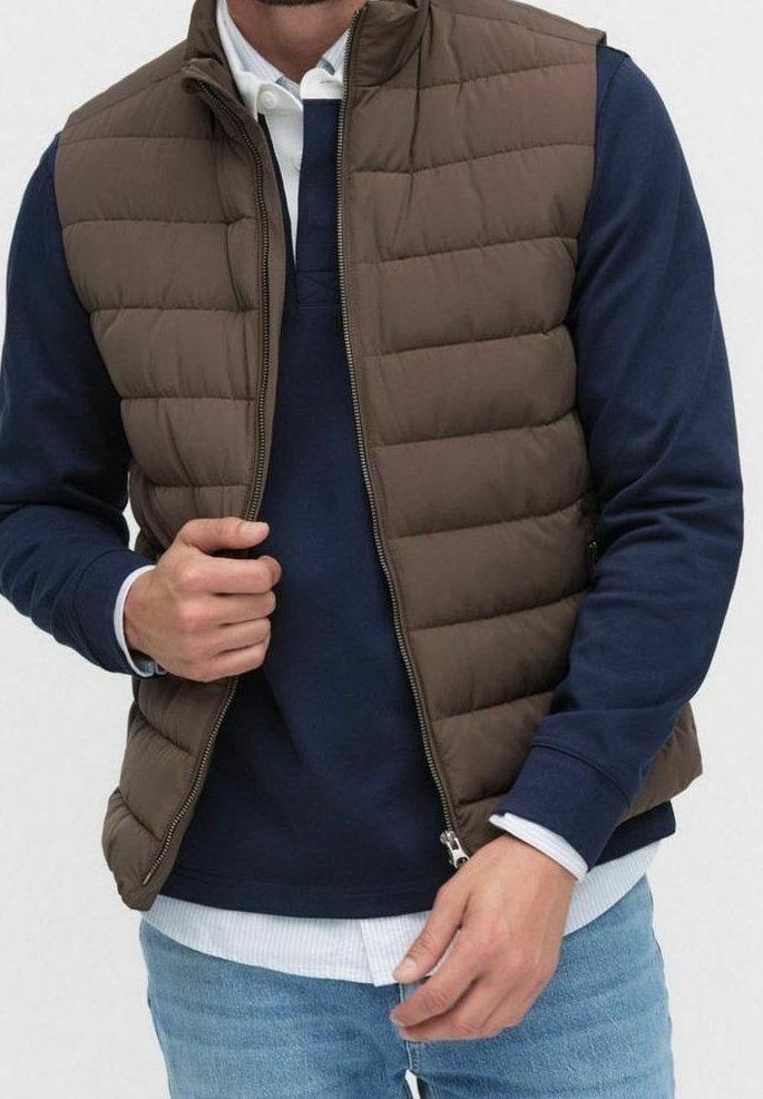 Homme portant un gilet matelassé marron par-dessus une chemise bleu marine à manches longues et un jean bleu clair, tenant la fermeture éclair du gilet d'une main.