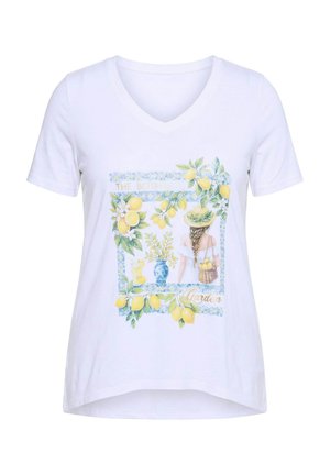 Witte V-hals T-shirt met een botanisch ontwerp van citroenen, bladeren, een blauwe vaas en een vrouw met hoed die een mand met citroenen vasthoudt.