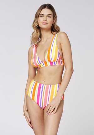 Bunt gemusterter Bikini mit vertikalen Streifen in Orange, Pink, Gelb und Lila; tief ausgeschnittenem Ausschnitt und hochgeschnittenem Höschen.