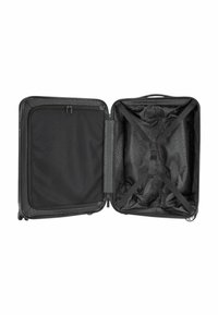 Zwarte harde koffer met een ritsvak van gaas, riemen om voorwerpen vast te zetten, en een patroonvoering. Interieur ontworpen voor organisatie.