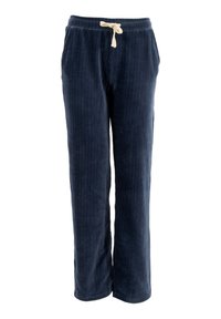 Pantalones de pana en color marino con un corte holgado, cuentan con una cintura con cordón, dos bolsillos laterales y una textura de costillas verticales.