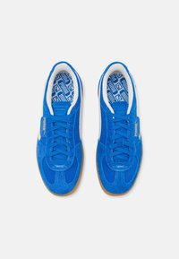 Paire de baskets Puma bleues avec doublure blanche et semelles en gomme vue de dessus sur fond blanc.
