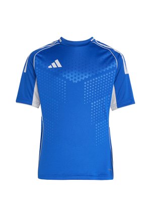 Niebieska sportowa koszulka z krótkim rękawem z białymi geometrycznymi wzorami, białymi paskami na ramionach i białym logo Adidas na piersi.