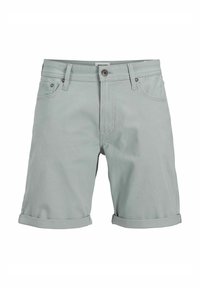 Ljust gröna denimshorts med uppvikta fållar, en knappstängning fram och bälteshällor. Tyget verkar slätt med minimal textur.