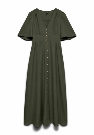 Vestito midi verde oliva con maniche corte larghe, scollatura a V, vita aderente e fila frontale di piccoli bottoni rotondi.