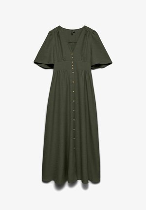 Vestito midi verde oliva con maniche corte larghe, scollatura a V, vita aderente e fila frontale di piccoli bottoni rotondi.