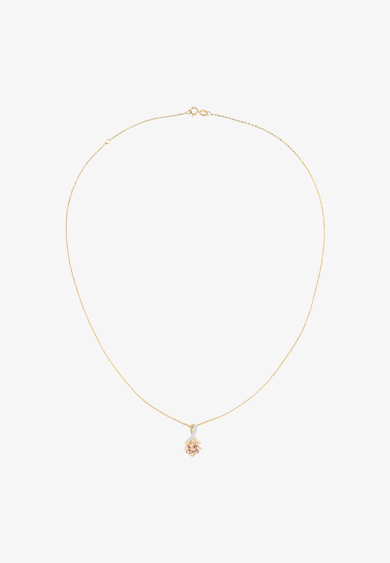 Guldsmykke med en tynd kæde og en pink ædelstens vedhæng. Vedhænget har detaljeret metalarbejde over stenen.