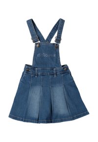 Vestido de cintura alta de mezclilla para niños con tirantes ajustables y "delicioso" escrito en strass en el panel del pecho.
