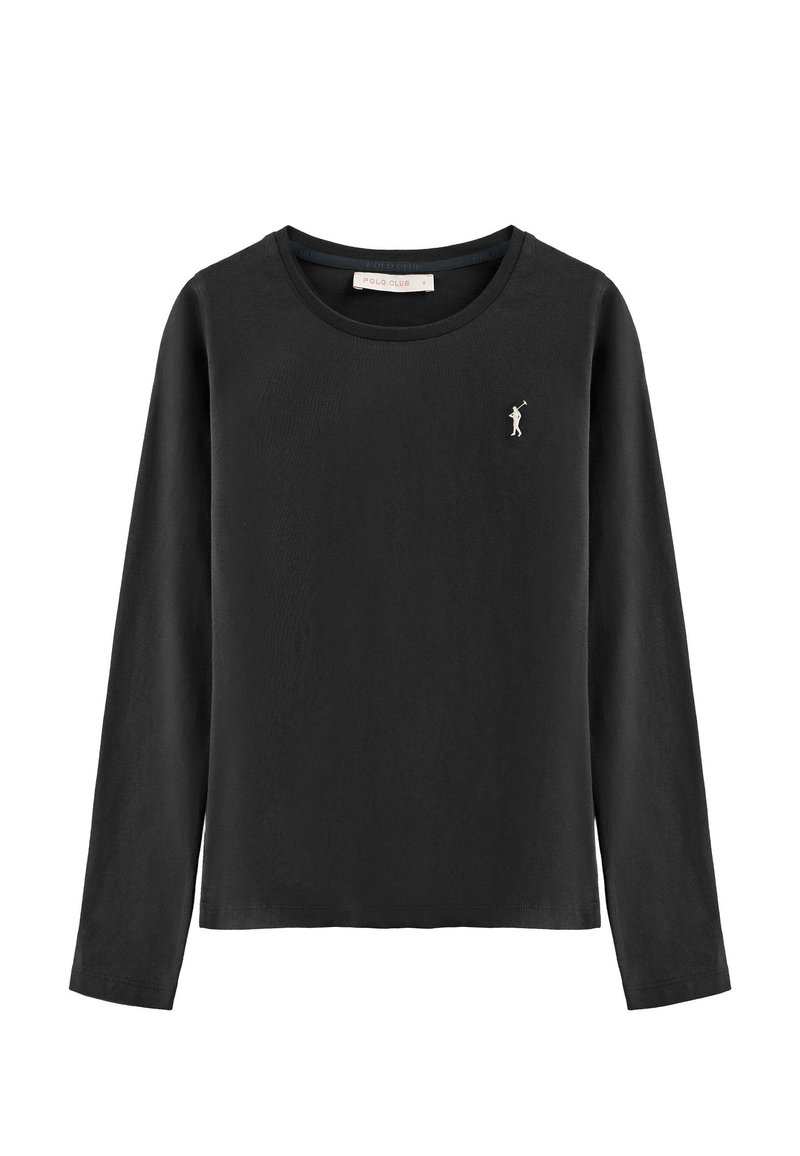 Camisa de algodón negra de manga larga con cuello redondo y un pequeño logo plateado en el lado izquierdo del pecho. Textura suave, diseño casual.