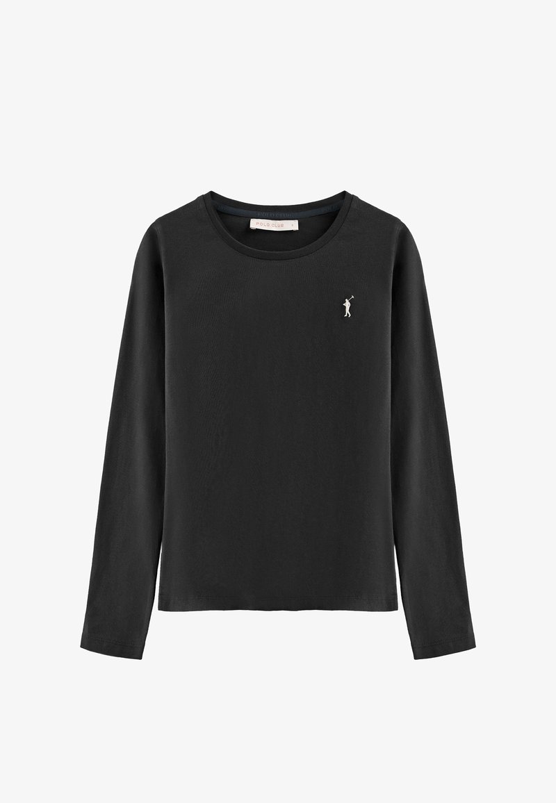 Camisa de algodón negra de manga larga con cuello redondo y un pequeño logo plateado en el lado izquierdo del pecho. Textura suave, diseño casual.